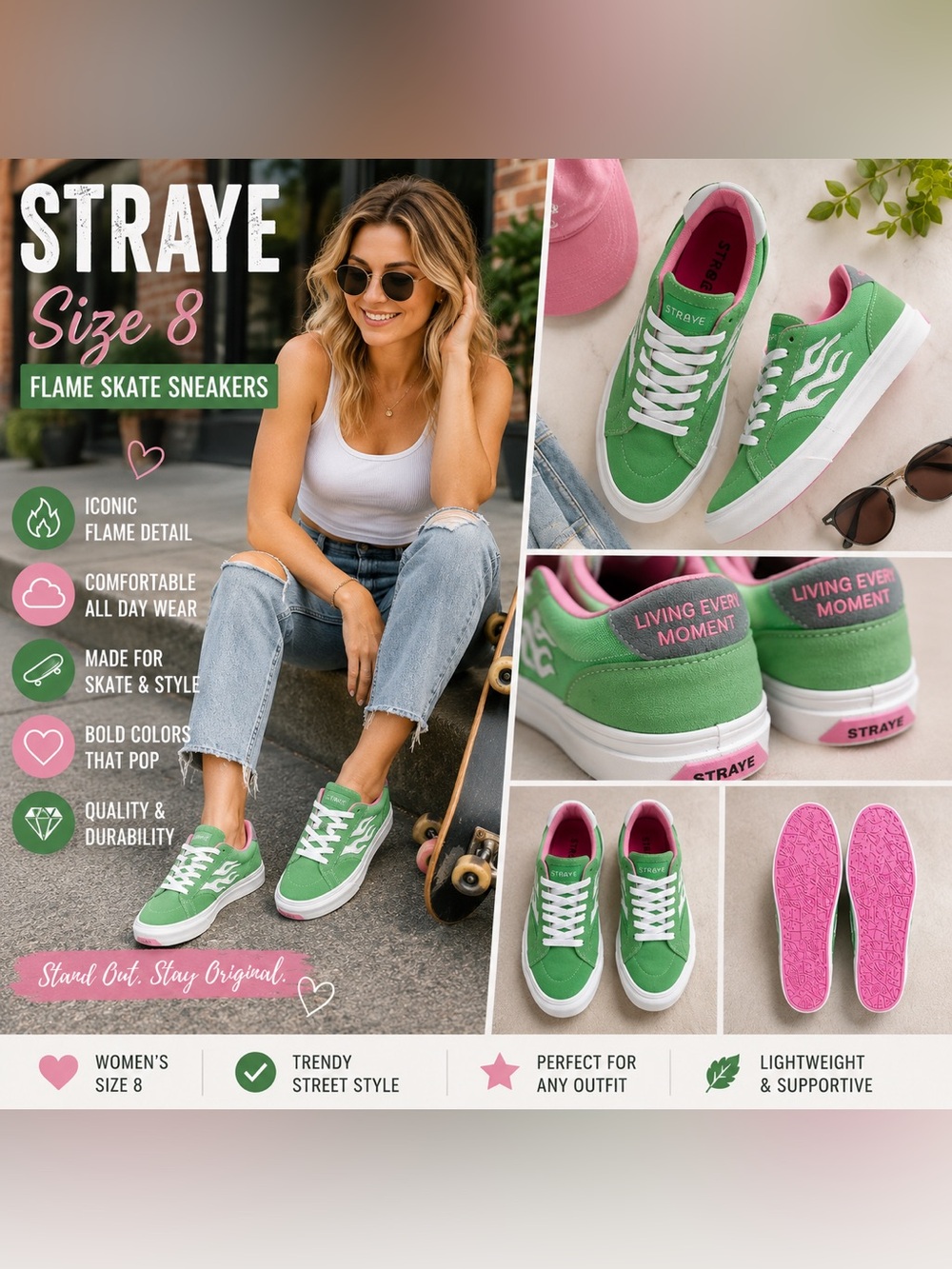 Straye Green Flame Skate Sneakers Size 8 Pink White Low Top Shoes